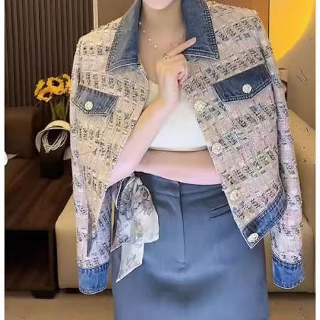 YF6982# 图片色韩版小香风POLO领长袖系扣提花牛仔拼接宽松大码短装上衣