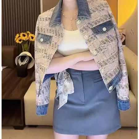 YF6982# 图片色韩版小香风POLO领长袖系扣提花牛仔拼接宽松大码短装上衣