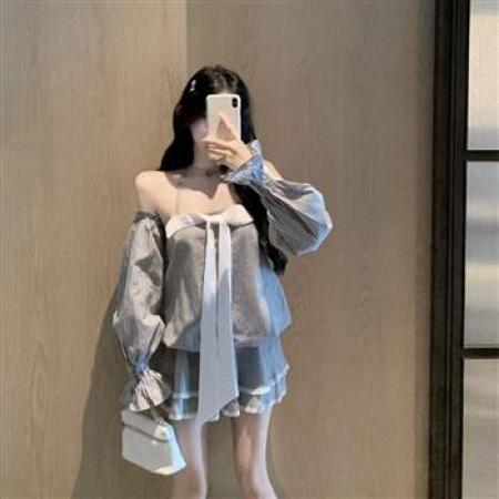 YF6981# 图片色性感辣妹系蝴蝶结飘带松紧腰蓬蓬条纹长袖吊带抹胸连衣裙