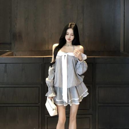 YF6981# 图片色性感辣妹系蝴蝶结飘带松紧腰蓬蓬条纹长袖吊带抹胸连衣裙