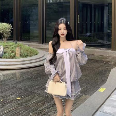 YF6981# 图片色性感辣妹系蝴蝶结飘带松紧腰蓬蓬条纹长袖吊带抹胸连衣裙