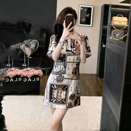 YF6980# 图片色洋气个性漫画印花POLO领修身显瘦小个子设计感韩版连衣裙