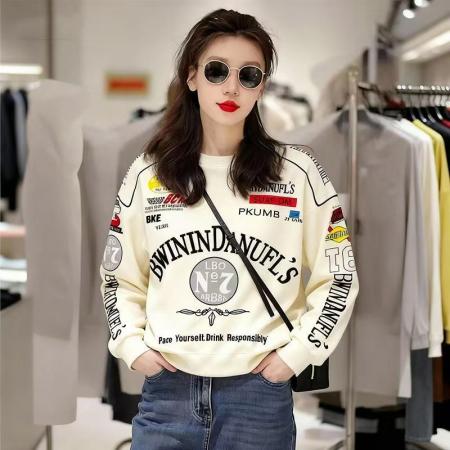 YF6979# 图片色港式潮流薄款春季洋气英文印花潮牌设计胖MM大码休闲卫衣