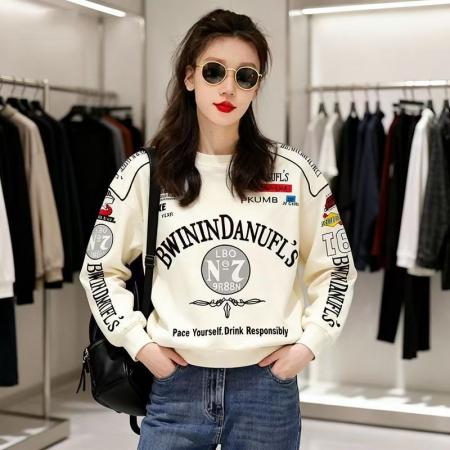 YF6979# 图片色港式潮流薄款春季洋气英文印花潮牌设计胖MM大码休闲卫衣