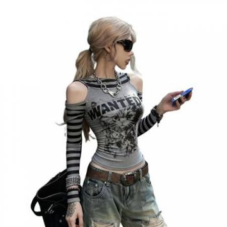 YF6978# 图片色春装新款镂空长袖条纹拼接字母可爱猫猫印花辣妹T恤潮