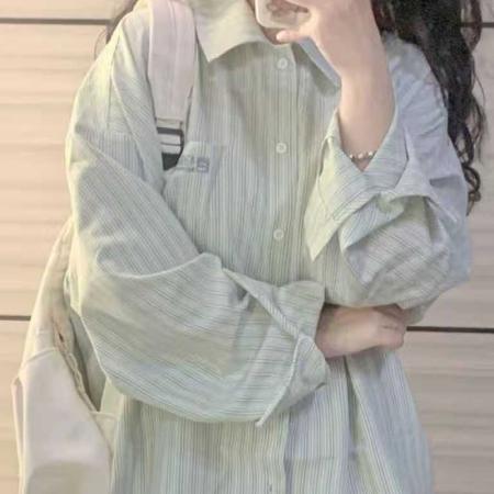 YF6997# 图片色港式字母刺绣口袋慵懒风长袖翻领条纹显瘦胖MM大码衬衣