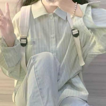 YF6997# 图片色港式字母刺绣口袋慵懒风长袖翻领条纹显瘦胖MM大码衬衣