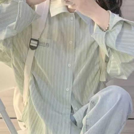 YF6997# 图片色港式字母刺绣口袋慵懒风长袖翻领条纹显瘦胖MM大码衬衣