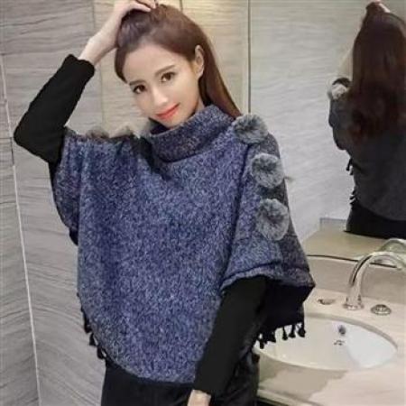 YF6995(4色入内）秋冬蝙蝠袖圆领毛毛球流苏设计感宽松显瘦休闲百搭斗篷披肩