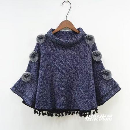YF6995(4色入内）秋冬蝙蝠袖圆领毛毛球流苏设计感宽松显瘦休闲百搭斗篷披肩