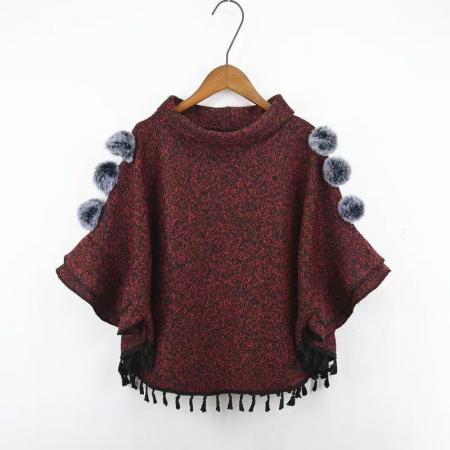 YF6995(4色入内）秋冬蝙蝠袖圆领毛毛球流苏设计感宽松显瘦休闲百搭斗篷披肩