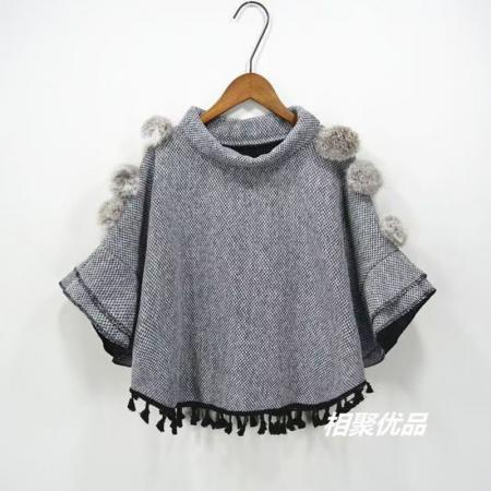 YF6995(4色入内）秋冬蝙蝠袖圆领毛毛球流苏设计感宽松显瘦休闲百搭斗篷披肩