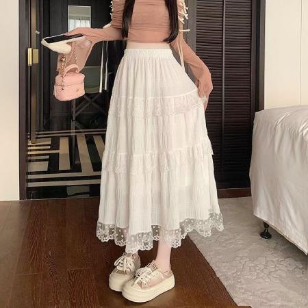 YF6994# (2色入内）春夏甜美白色蕾丝拼接A字大摆中长款设计松紧腰坠地感法式长裙