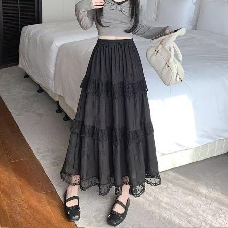 YF6994# (2色入内）春夏甜美白色蕾丝拼接A字大摆中长款设计松紧腰坠地感法式长裙