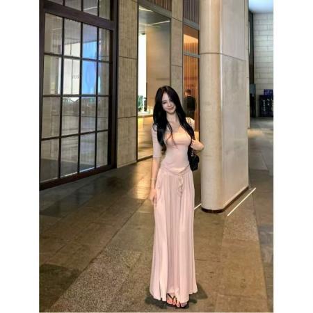 YF6993# (2色入内）2026春装新款简约圆领短袖弹力T恤搭松紧腰绑绳阔腿休闲两件套装