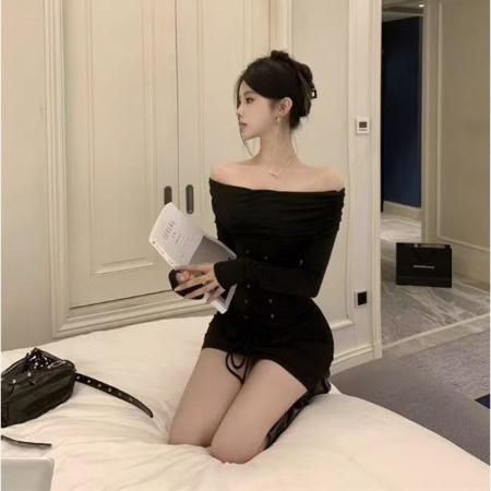 YF6992# (2色入内)纯欲风一字肩开叉绑绳假两件包臀长袖抹胸收腰紧身礼服裙