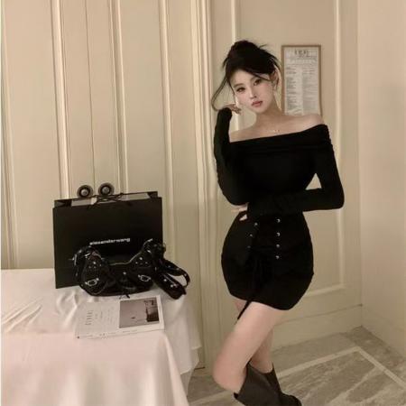 YF6992# (2色入内)纯欲风一字肩开叉绑绳假两件包臀长袖抹胸收腰紧身礼服裙