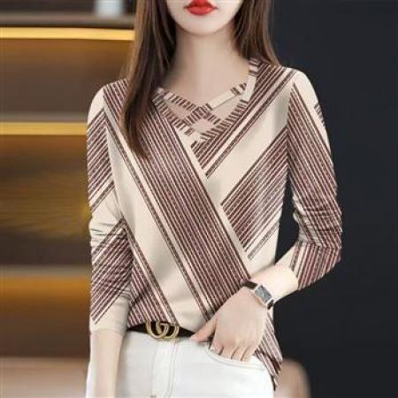 YF6990# (4色入内）春秋洋气新款长袖交叉圆领撞色条纹拼图感印花设计感休闲T恤