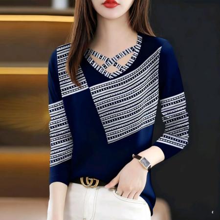 YF6990# (4色入内）春秋洋气新款长袖交叉圆领撞色条纹拼图感印花设计感休闲T恤