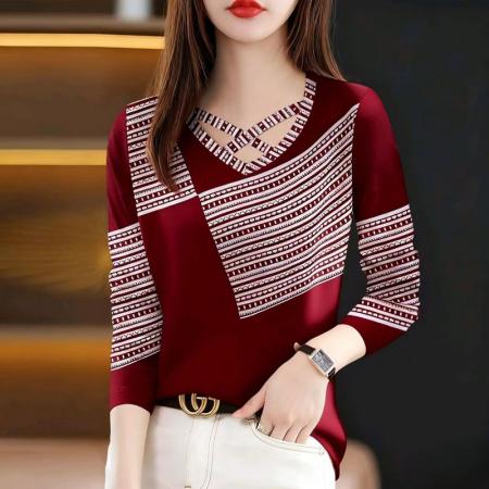 YF6990# (4色入内）春秋洋气新款长袖交叉圆领撞色条纹拼图感印花设计感休闲T恤