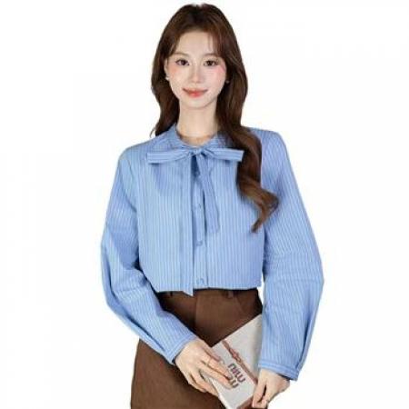 YF6989# 图片色法式春秋长袖立领蝴蝶结宽松显瘦条纹别致蓝色衬衣