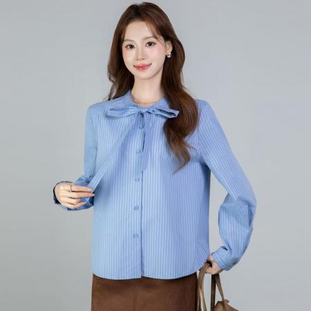 YF6989# 图片色法式春秋长袖立领蝴蝶结宽松显瘦条纹别致蓝色衬衣