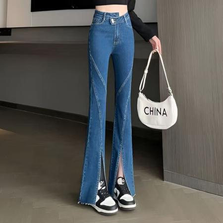 YF6988# (2色入内）港味不规则双纽扣高腰粗线条弧边设计开叉坠地感牛仔裤