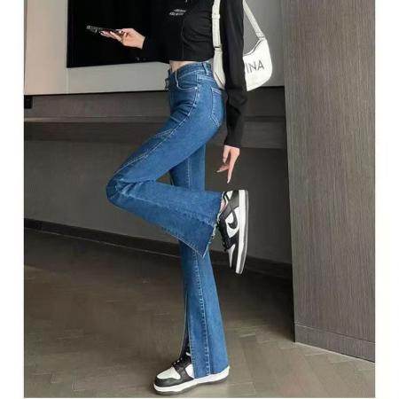 YF6988# (2色入内）港味不规则双纽扣高腰粗线条弧边设计开叉坠地感牛仔裤