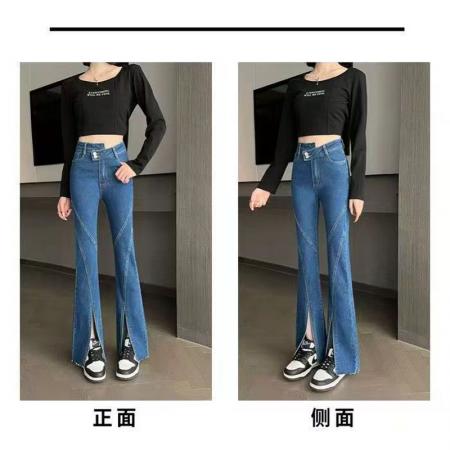 YF6988# (2色入内）港味不规则双纽扣高腰粗线条弧边设计开叉坠地感牛仔裤