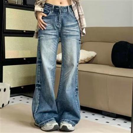 YF7007# 图片色韩潮新款渐变洗水系扣高腰直筒坠地感复古蓝休闲牛仔裤