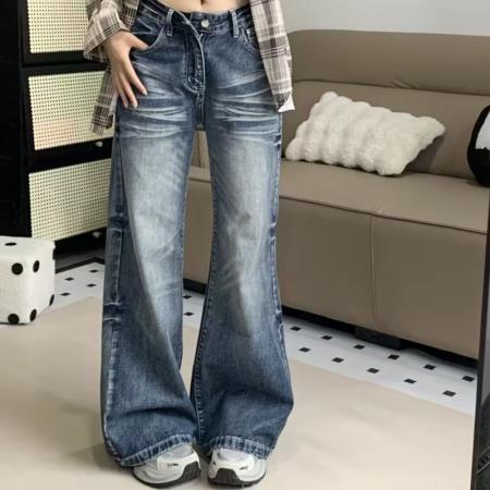 YF7007# 图片色韩潮新款渐变洗水系扣高腰直筒坠地感复古蓝休闲牛仔裤