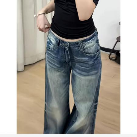 YF7007# 图片色韩潮新款渐变洗水系扣高腰直筒坠地感复古蓝休闲牛仔裤
