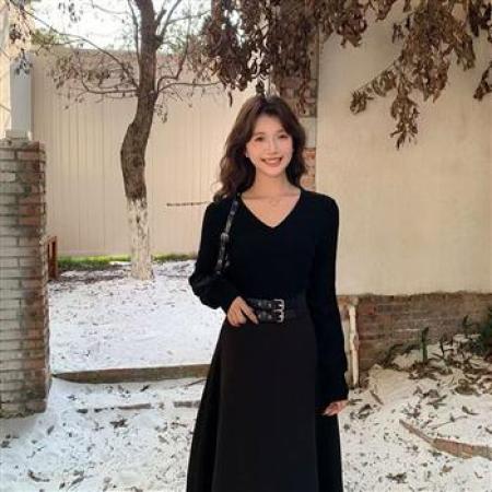 YF7006# 图片色韩版系腰带收腰显瘦长袖V领时尚感赫本风黑色个性气质连衣裙