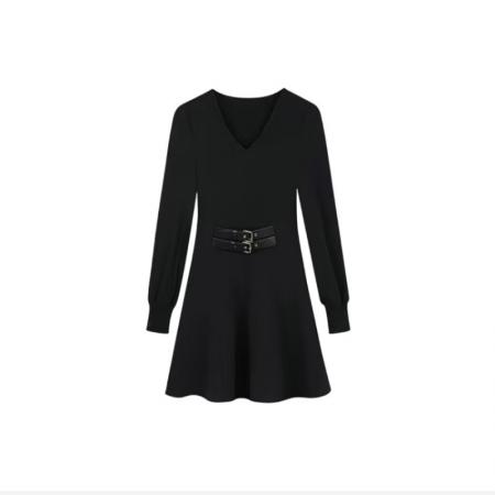 YF7006# 图片色韩版系腰带收腰显瘦长袖V领时尚感赫本风黑色个性气质连衣裙