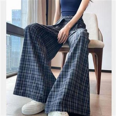 YF7005# （2色入内）春秋百搭假两件绑带系腰显瘦直筒阔腿复古格子坠地感休闲裤
