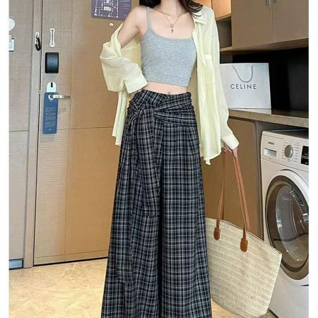 YF7005# （2色入内）春秋百搭假两件绑带系腰显瘦直筒阔腿复古格子坠地感休闲裤