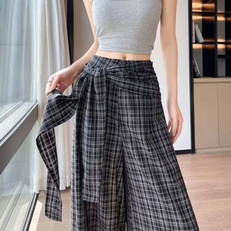 YF7005# （2色入内）春秋百搭假两件绑带系腰显瘦直筒阔腿复古格子坠地感休闲裤