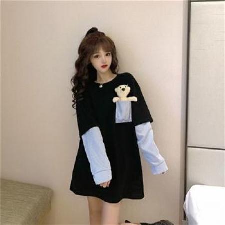 YF7004# (2色入内)假两件港式新款条纹拼接长袖刺绣口袋狗狗休闲大码T恤