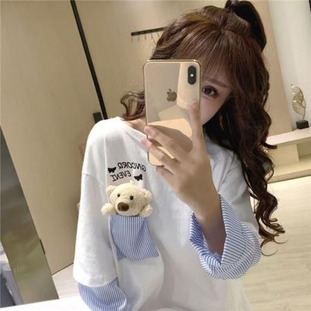 YF7004# (2色入内)假两件港式新款条纹拼接长袖刺绣口袋狗狗休闲大码T恤