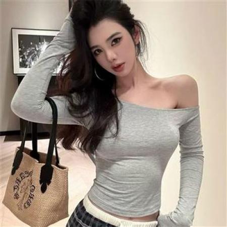 YF7003# (4色入内）春季一字肩修身开叉长袖修身纯欲风性感辣妹小众设计纯色T恤