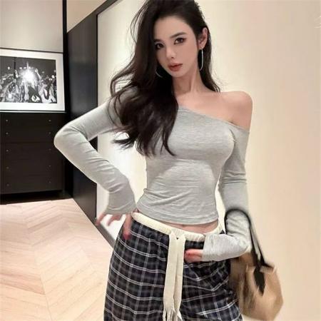 YF7003# (4色入内）春季一字肩修身开叉长袖修身纯欲风性感辣妹小众设计纯色T恤