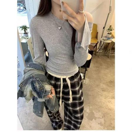 YF7003# (4色入内）春季一字肩修身开叉长袖修身纯欲风性感辣妹小众设计纯色T恤