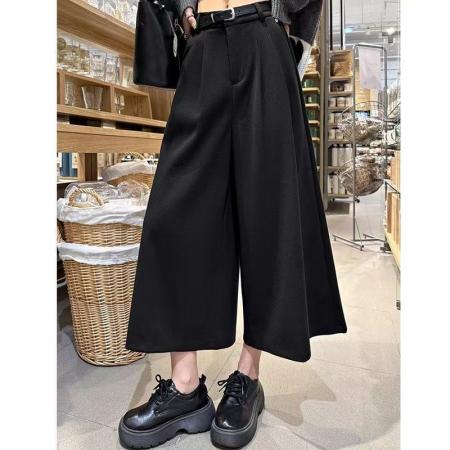 YF7002# (2色入内)秋冬韩版休闲时尚系扣高腰褶折阔腿直筒毛呢8分西装裤