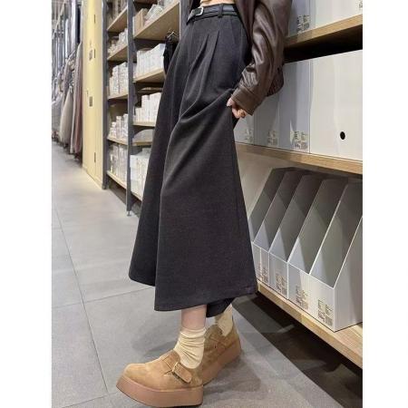 YF7002# (2色入内)秋冬韩版休闲时尚系扣高腰褶折阔腿直筒毛呢8分西装裤