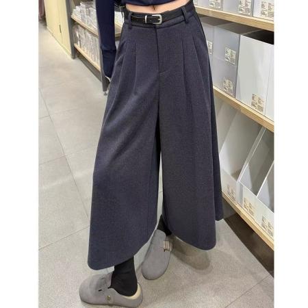 YF7002# (2色入内)秋冬韩版休闲时尚系扣高腰褶折阔腿直筒毛呢8分西装裤