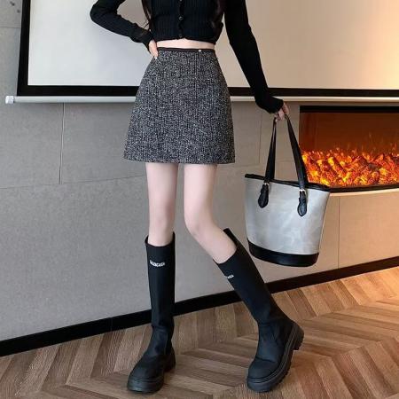 YF7001# 图片色秋冬亮片粗毛呢设计A字包臀显瘦韩版复古小香风半身裙