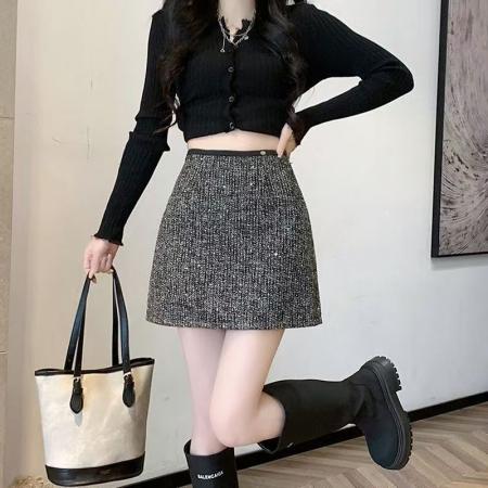 YF7001# 图片色秋冬亮片粗毛呢设计A字包臀显瘦韩版复古小香风半身裙