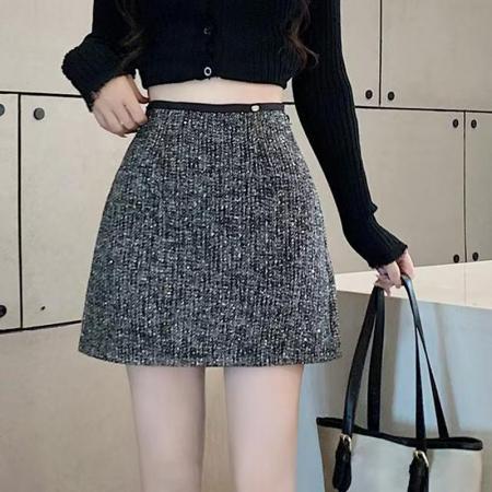 YF7001# 图片色秋冬亮片粗毛呢设计A字包臀显瘦韩版复古小香风半身裙