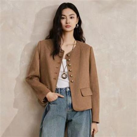 YF6999# 图片色港式小香风圆领长袖排扣短款仿皮秋冬休闲百搭外穿上衣