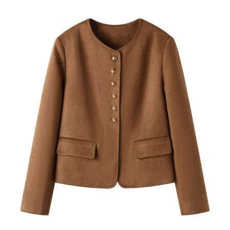 YF6999# 图片色港式小香风圆领长袖排扣短款仿皮秋冬休闲百搭外穿上衣